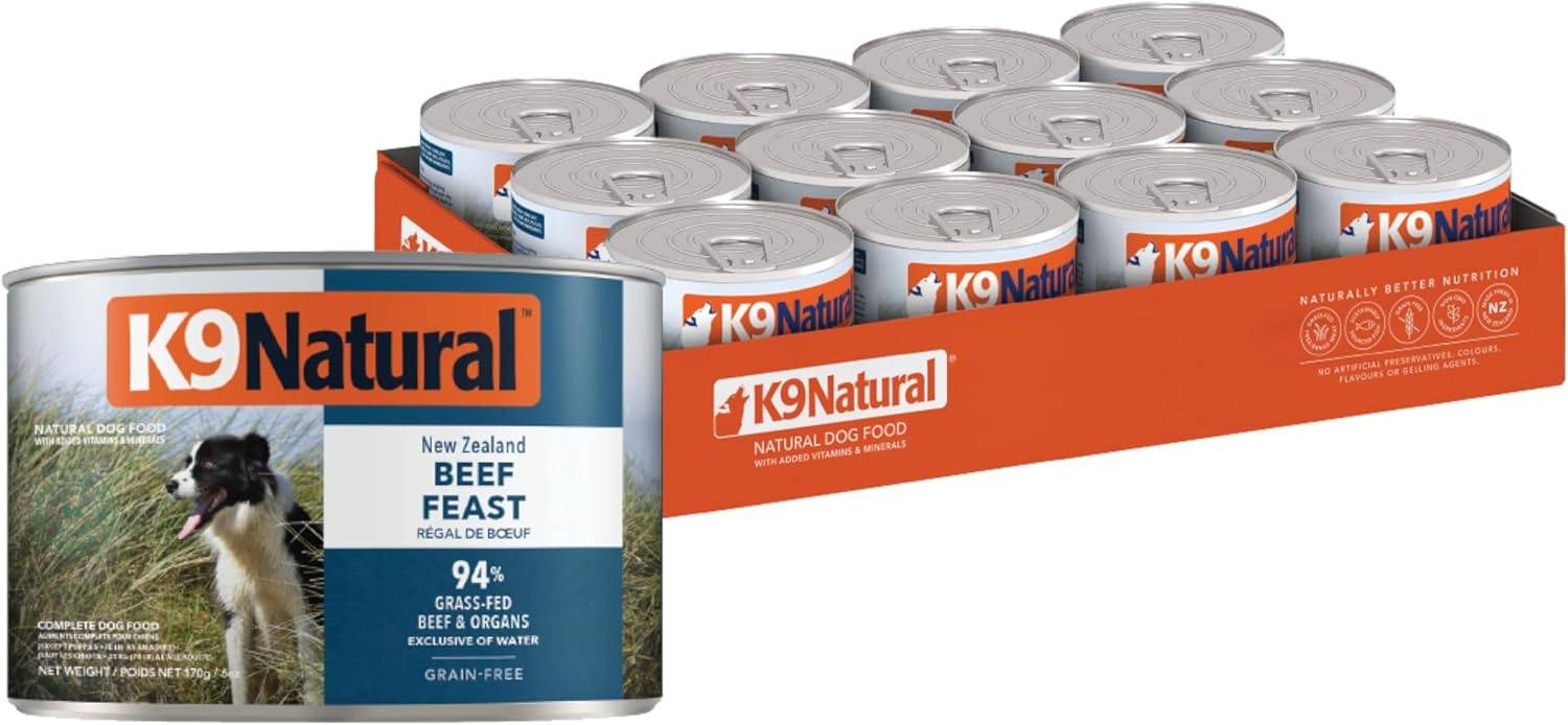K9 Natural Lamb & King Salmon Wet Dog Food Pate, Grain-Free Premium Canned Dog Food, with Grass-Fed New Zealand Lamb, Salmon, Organs, & Ground Bone, Complete Meal for All Life Stages, 6oz, Pack of 12(Beef)