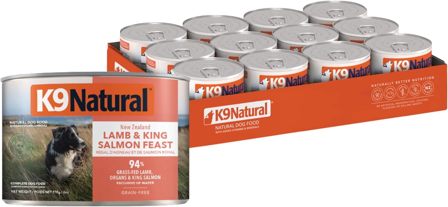 K9 Natural Lamb & King Salmon Wet Dog Food Pate, Grain-Free Premium Canned Dog Food, with Grass-Fed New Zealand Lamb, Salmon, Organs, & Ground Bone, Complete Meal for All Life Stages, 6oz, Pack of 12(Lamb & Salmon)