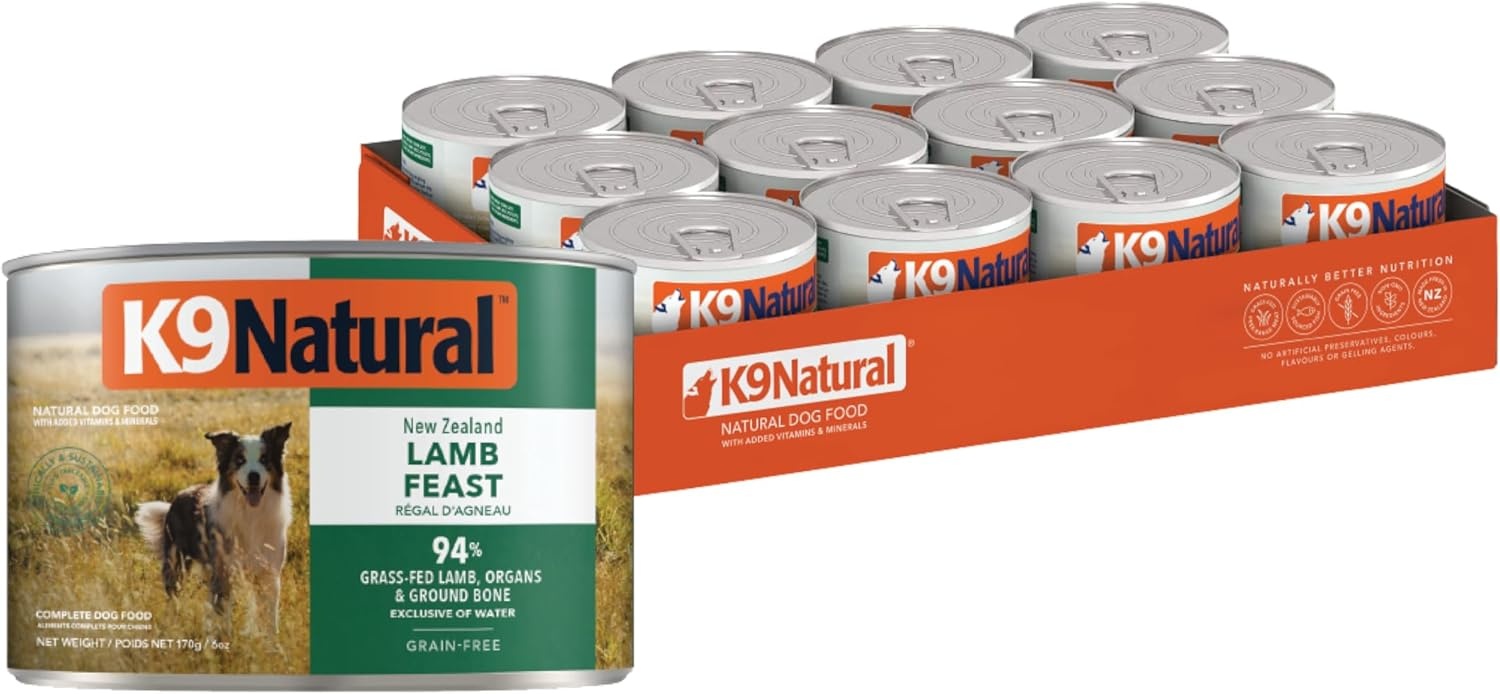 K9 Natural Lamb & King Salmon Wet Dog Food Pate, Grain-Free Premium Canned Dog Food, with Grass-Fed New Zealand Lamb, Salmon, Organs, & Ground Bone, Complete Meal for All Life Stages, 6oz, Pack of 12(Lamb)