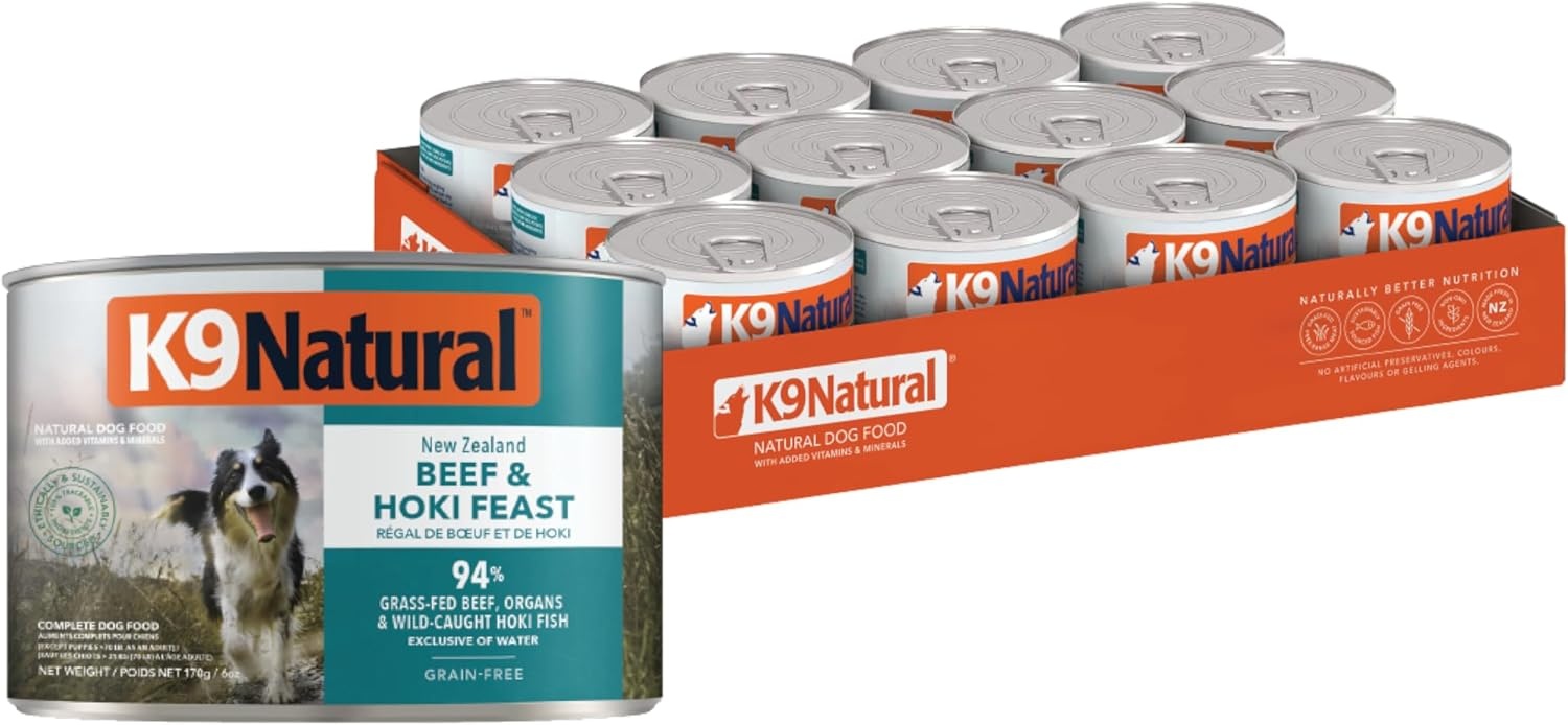 K9 Natural Lamb & King Salmon Wet Dog Food Pate, Grain-Free Premium Canned Dog Food, with Grass-Fed New Zealand Lamb, Salmon, Organs, & Ground Bone, Complete Meal for All Life Stages, 6oz, Pack of 12(Hoki & Beef)
